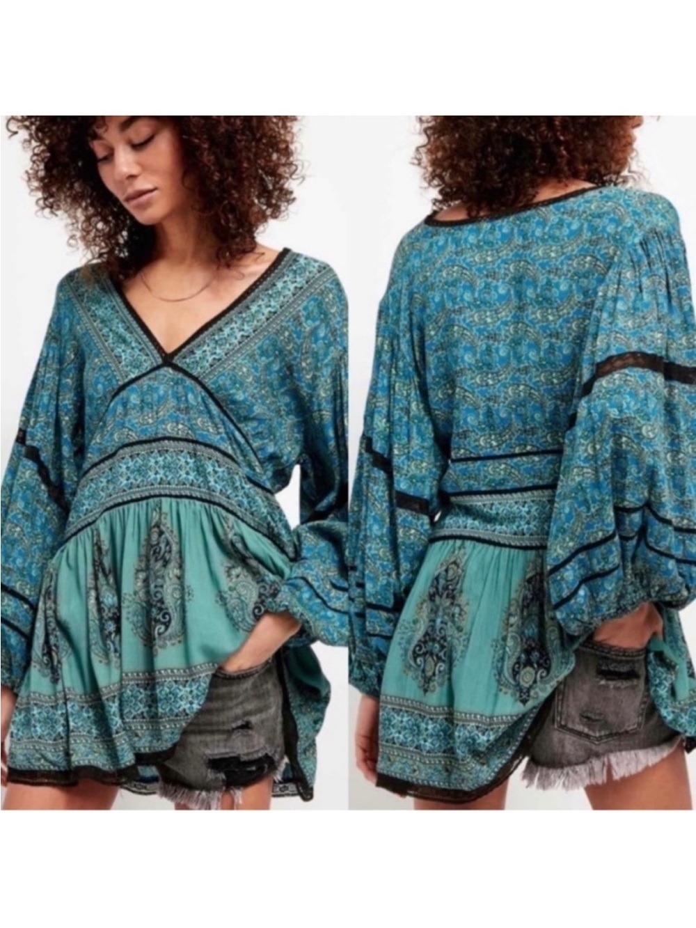 Free People Luna Scarf Print Tunic Top in Ocean Blue
